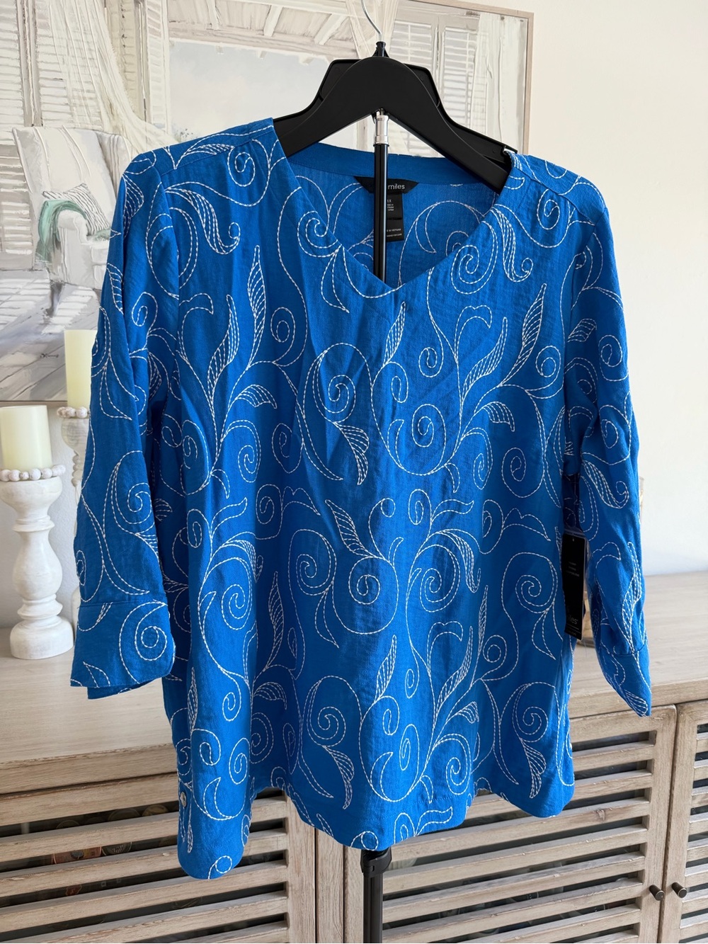 Ali Miles Embroidered Blue Women's V-Neck Blouse